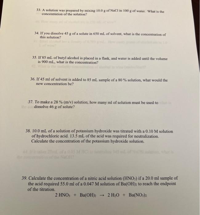 33 A Solution Was Prepared By Mixing 10 0 G Of Nacl In 100 G Of Water What Is The Concentration Of The Solution 34 I 1