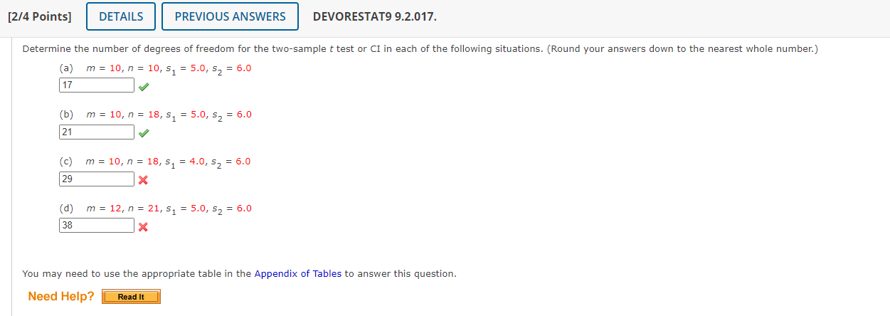 2 4 Points Details Previous Answers Devorestat9 9 2 017 Determine The Number Of Degrees Of Freedom For The Two Sample 1