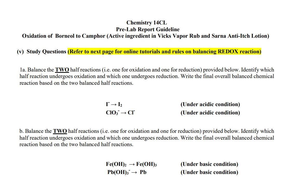 Chemistry 14cl Pre Lab Report Guideline Oxidation Of Borneol To Camphor Active Ingredient In Vicks Vapor Rub And Sarna 1