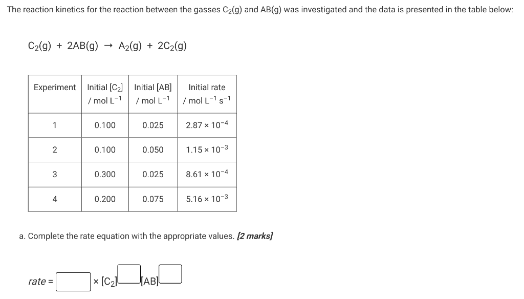 The Reaction Kinetics For The Reaction Between The Gasses C2 G And Ab G Was Investigated And The Data Is Presented In 1