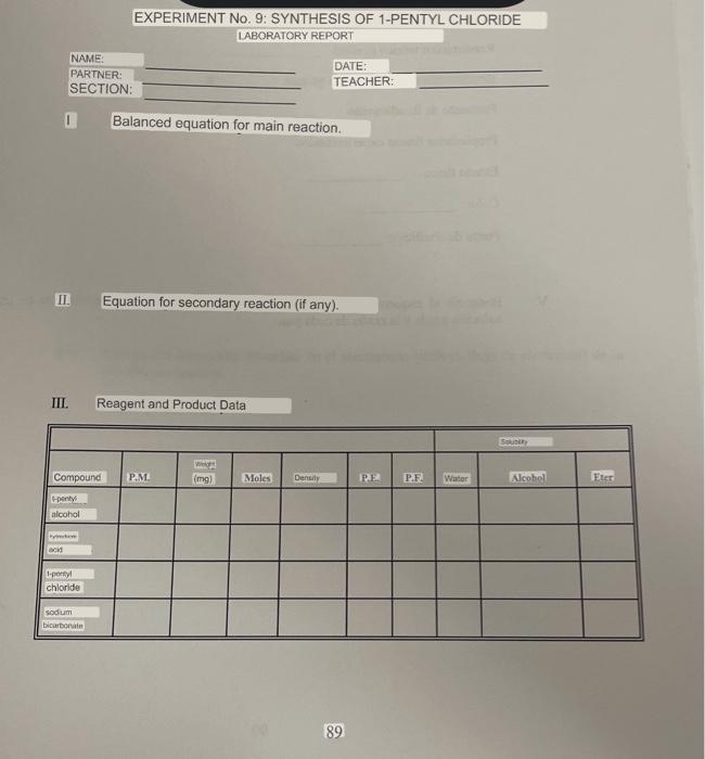 Experiment No 9 Synthesis Of 1 Pentyl Chloride Laboratory Report Name Date Partner Teacher Section 1 Balanced Equ 1