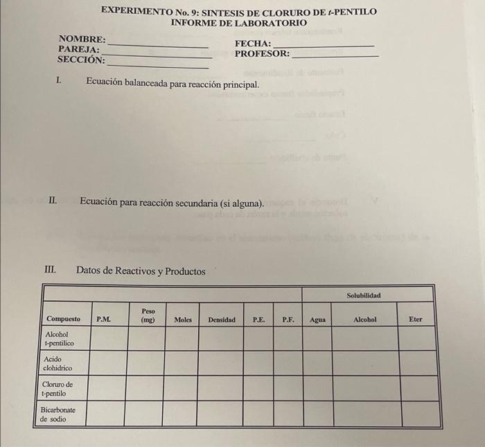 Experiment No 9 Synthesis Of 1 Pentyl Chloride Laboratory Report Name Date Partner Teacher Section 1 Balanced Equ 2