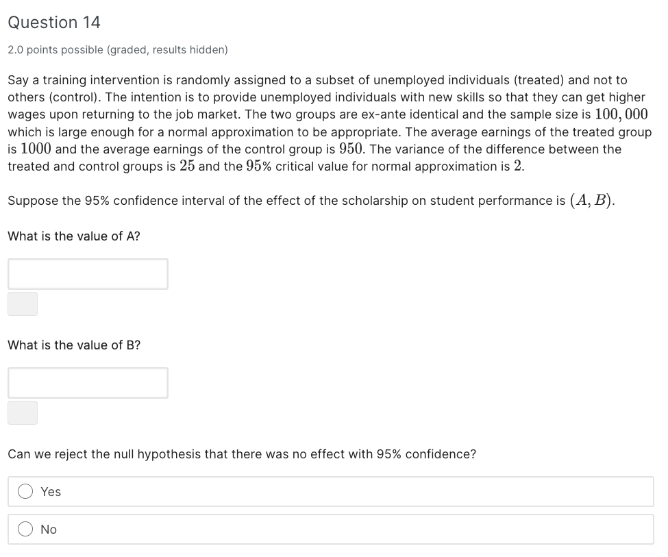 Question 14 2 0 Points Possible Graded Results Hidden Say A Training Intervention Is Randomly Assigned To A Subset Of 1
