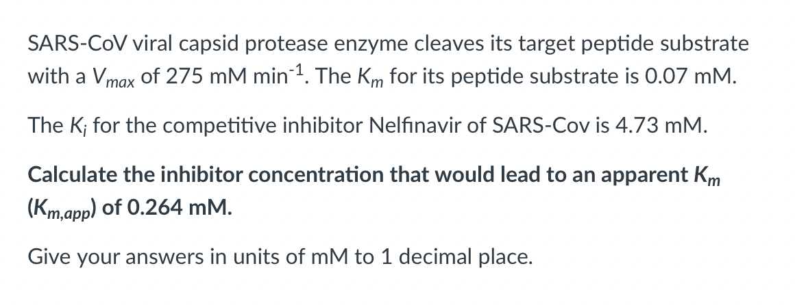 Sars Cov Viral Capsid Protease Enzyme Cleaves Its Target Peptide Substrate With A Vmax Of 275 Mm Min 1 The Km For Its P 1