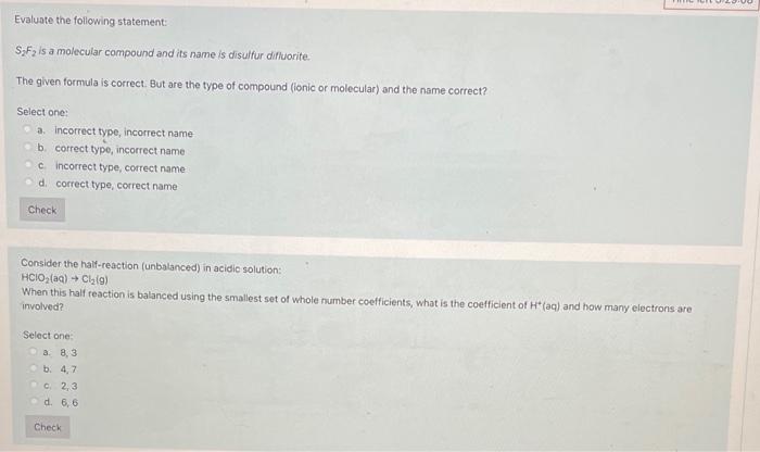 Evaluate The Following Statement Syfy Is A Molecular Compound And Its Name Is Disulfur Difluorite The Given Formula Is 1