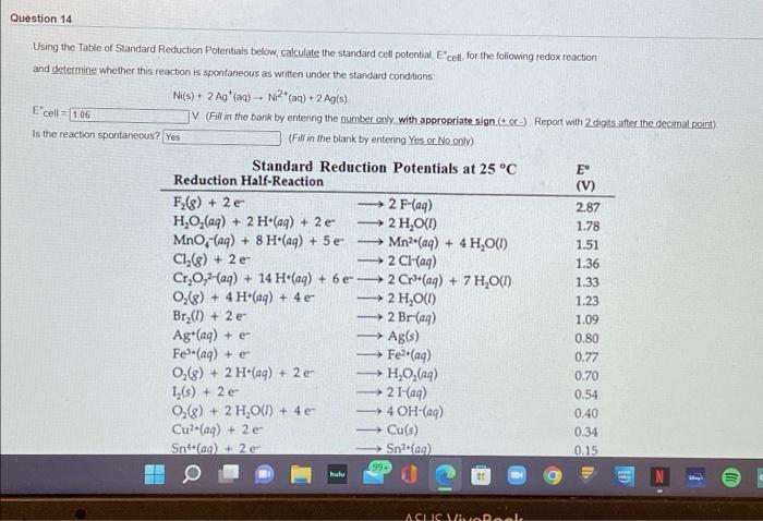 Question 14 Using The Table Of Standard Reduction Potentials Below Calculate The Standard Cell Potential E Cell For The 1