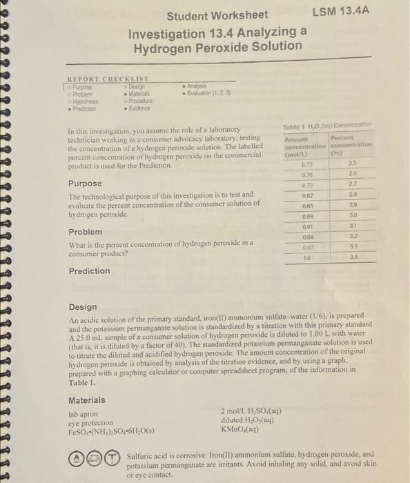 Student Worksheet Lsm 13 4a Investigation 13 4 Analyzing A Hydrogen Peroxide Solution Report Checklist Purpose Design P 1