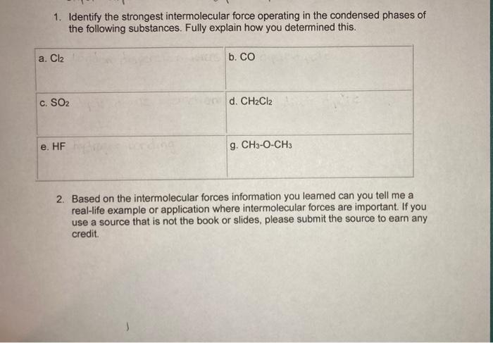 1 Identify The Strongest Intermolecular Force Operating In The Condensed Phases Of The Following Substances Fully Expl 1