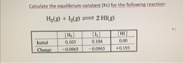 Calculate The Equilibrium Constant Kc For The Following Reaction H2 G 12 G 2 Hi G Oi Initial Change H 0 103 1