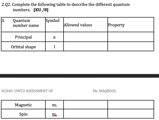 2 Q2 Complete The Following Table To Describe The Different Quantum Numbers Ku 8 13 Symbol Quantum Number Name All 1