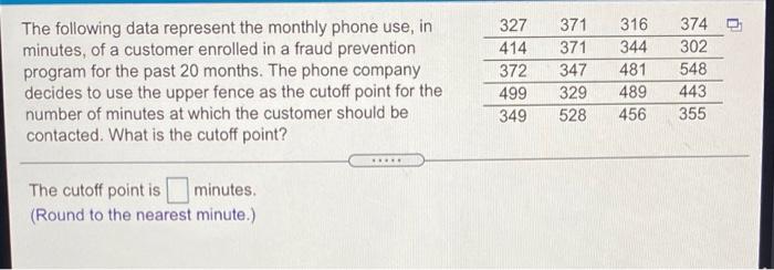 The Following Data Represent The Monthly Phone Use In Minutes Of A Customer Enrolled In A Fraud Prevention Program For 1