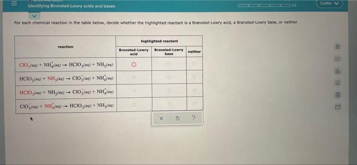 Ini 08 Identifying Bronsted Lowry Acids And Bases Caiti V For Each Chemical Reaction In The Table Below Decide Whether 1