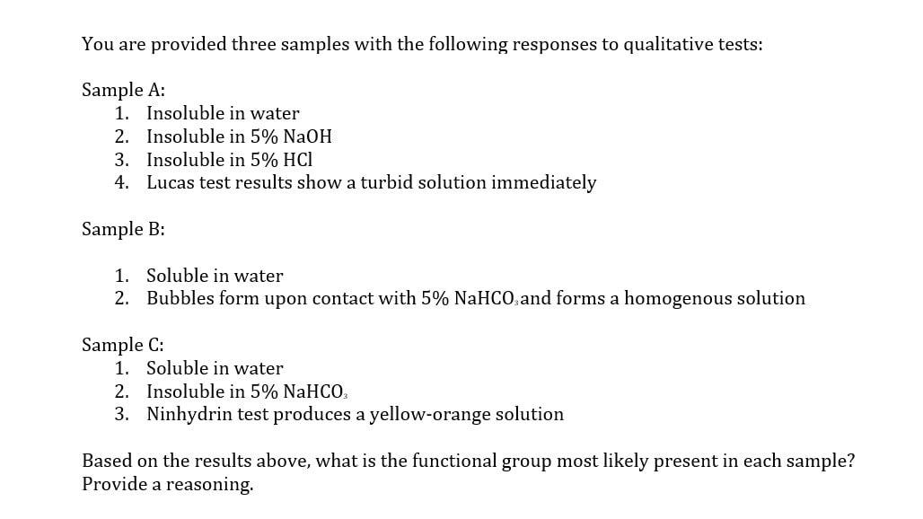 You Are Provided Three Samples With The Following Responses To Qualitative Tests Sample A 1 Insoluble In Water 2 Ins 1
