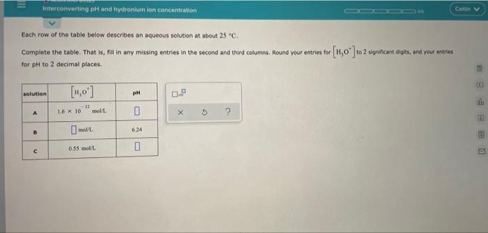 Interconverting Ph And Hydronium Ion Concentration Ca Each Row Of The Table Below Describes An Aqueous Solution At About 1