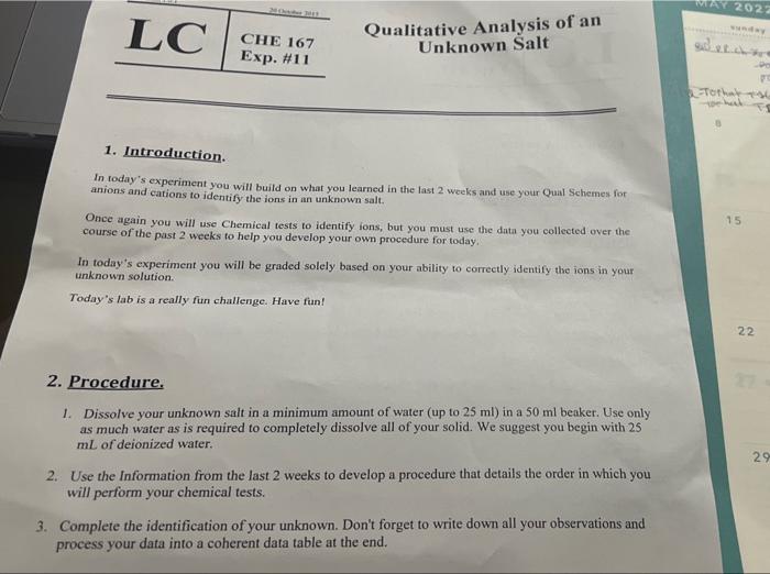 Ay 202 Lc Che 167 Exp 11 Qualitative Analysis Of An Unknown Salt A Torhat 1 Introduction In Today S Experiment You Wi 1