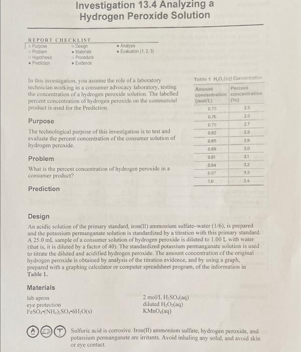 Investigation 13 4 Analyzing A Hydrogen Peroxide Solution Report Checklist Purpose Design Problem Materials Hypothesis P 1