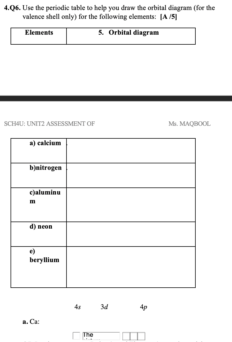 4 Q6 Use The Periodic Table To Help You Draw The Orbital Diagram For The Valence Shell Only For The Following Element 1