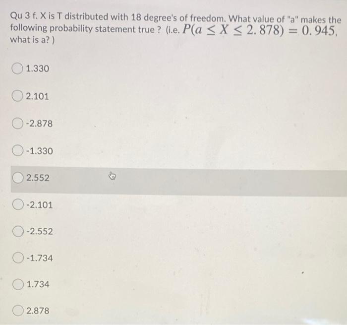 Qu 3 F X Is T Distributed With 18 Degree S Of Freedom What Value Of A Makes The Following Probability Statement True 1