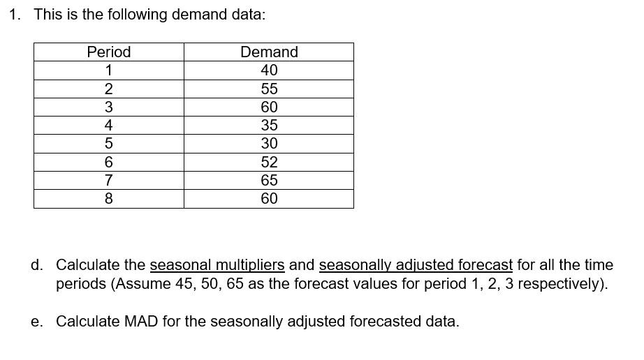1 This Is The Following Demand Data Period 1 2 3 4 5 6 7 8 Demand 40 55 60 35 30 52 65 60 Oo D Calculate The Seasonal 1