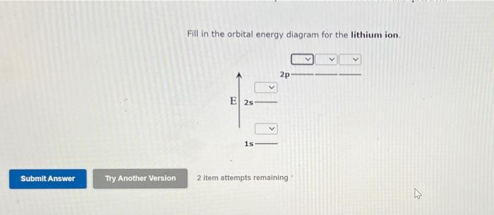Fill In The Orbital Energy Diagram For The Lithium Ion 2p E 2s 1s Submit Answer Try Another Version 2 Item Attempts Rema 1