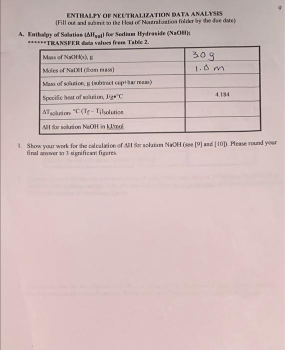 7 Enthalpy Of Neutralization Data Collection And Analysis Fill Out And Submit To The Heat Of Neutralization Folder By T 3