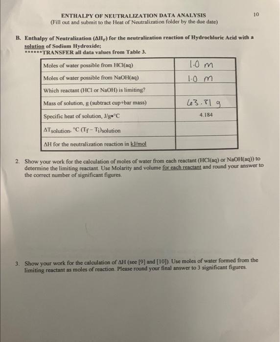 7 Enthalpy Of Neutralization Data Collection And Analysis Fill Out And Submit To The Heat Of Neutralization Folder By T 4