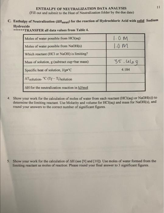 7 Enthalpy Of Neutralization Data Collection And Analysis Fill Out And Submit To The Heat Of Neutralization Folder By T 5