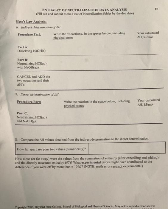 7 Enthalpy Of Neutralization Data Collection And Analysis Fill Out And Submit To The Heat Of Neutralization Folder By T 6