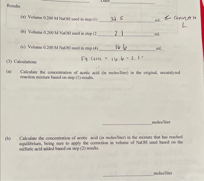 Results A Volume 0 200 M Naoh Used In Step 1 32 5 Ml T Convert To L B Volume 0 200 M Naoh Used In Step 2 2 1 Ml 1