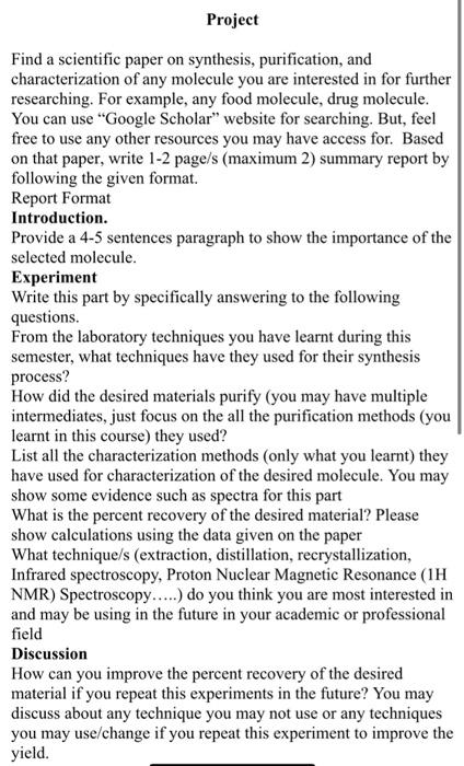 Project Find A Scientific Paper On Synthesis Purification And Characterization Of Any Molecule You Are Interested In F 1