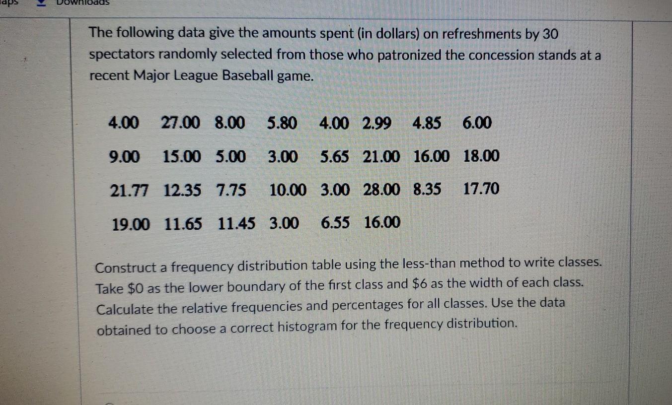 The Following Data Give The Amounts Spent In Dollars On Refreshments By 30 Spectators Randomly Selected From Those Who 1