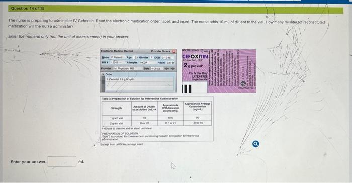 Question 14 Of 15 The Nurse Is Preparing To Administer I Cefoxitin Read The Electronic Medication Order Label And Insert 1