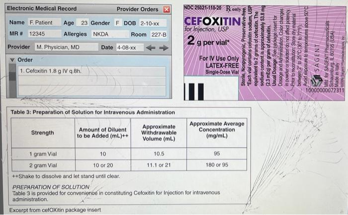 Question 14 Of 15 The Nurse Is Preparing To Administer I Cefoxitin Read The Electronic Medication Order Label And Insert 3