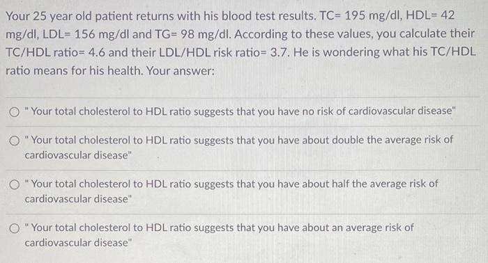 Your 25 Year Old Patient Returns With His Blood Test Results Tc 195 Mg Dl Hdl 42 Mg Dl Ldl 156 Mg Dl And Tg 98 Mg 1
