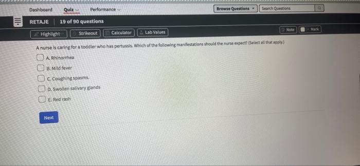 No Mark Lab Values Dashboard Qulz Performance Browse Questions Search Questions Retaje 19 Of 90 Questions Highlight St 1