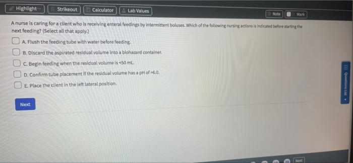 Note Mark Highlight Strikeout Calculator Lab Values A Nurse Is Caring For A Client Who Is Recelving Enteral Feedings By 1