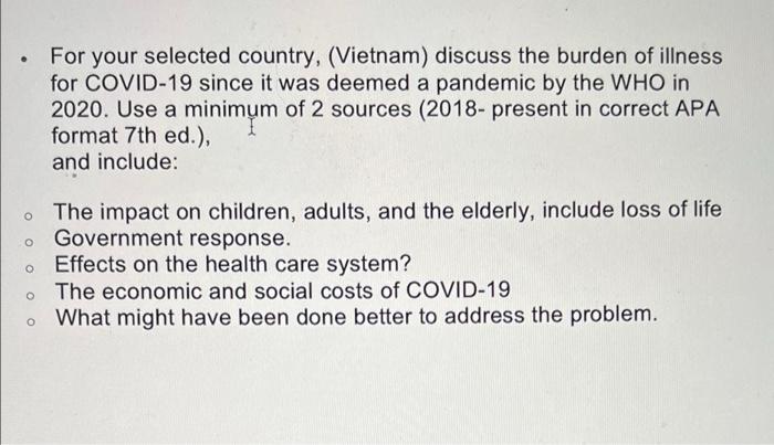 For Your Selected Country Vietnam Discuss The Burden Of Illness For Covid 19 Since It Was Deemed A Pandemic By The Wh 1