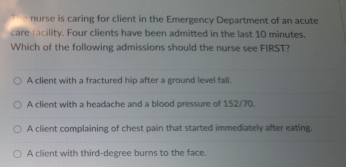 The Nurse Is Caring For Client In The Emergency Department Of An Acute Care Facility Four Clients Have Been Admitted In 1