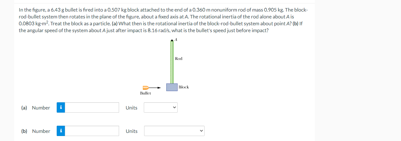 In The Figure A 6 43 G Bullet Is Fired Into A 0 507 Kg Block Attached To The End Of A 0 360 M Nonuniform Rod Of Mass 0 1