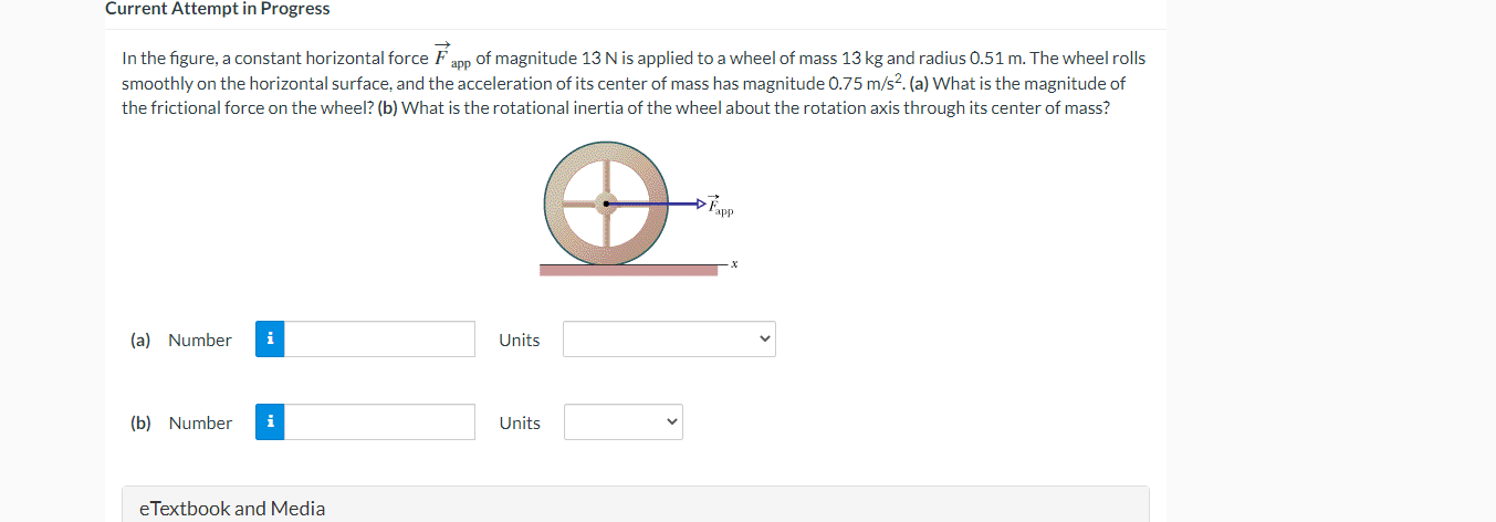 Current Attempt In Progress In The Figure A Constant Horizontal Force F App Of Magnitude 13 N Is Applied To A Wheel Of 1
