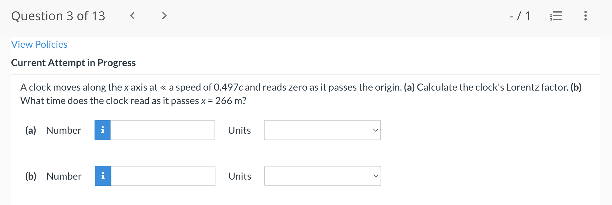 Question 3 Of 13 71 Iii View Policies Current Attempt In Progress A Clock Moves Along The X Axis At A Speed Of 0 4 1