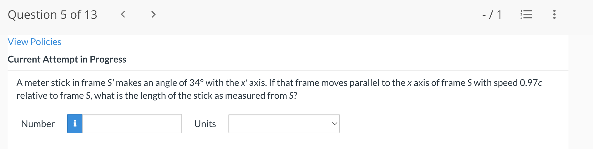 Question 5 Of 13 1 Iii View Policies Current Attempt In Progress A Meter Stick In Frame S Makes An Angle Of 34 1