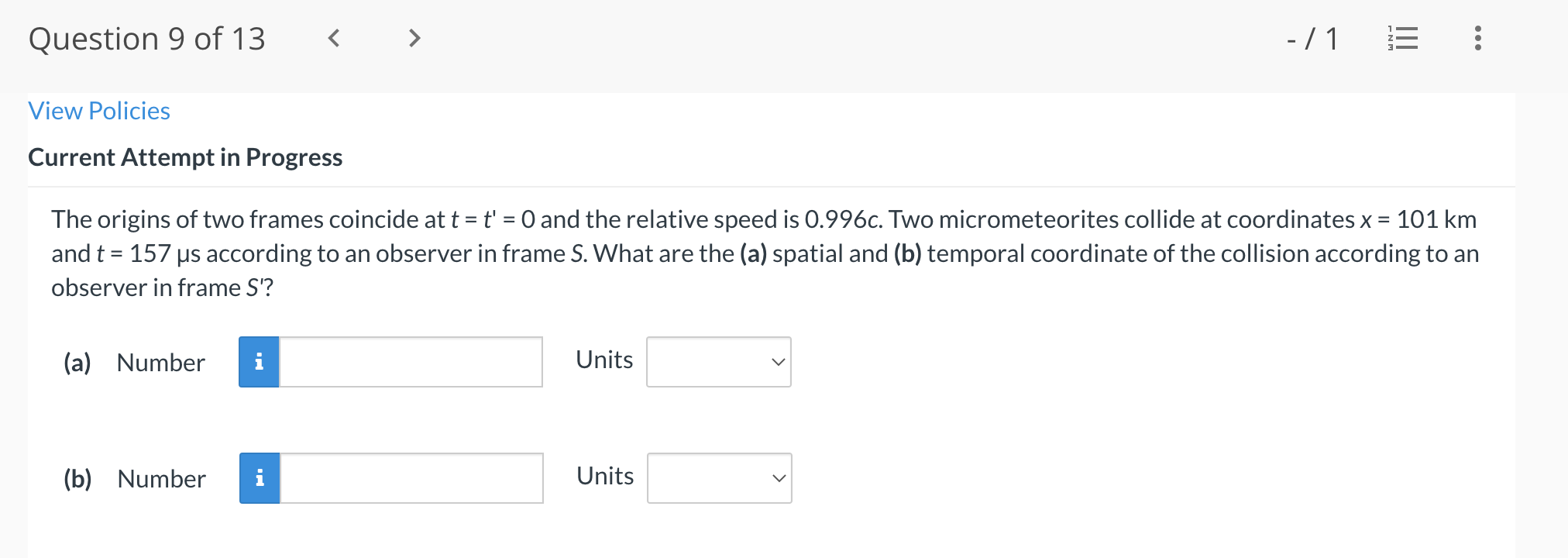 Question 9 Of 13 1 Iii View Policies Current Attempt In Progress The Origins Of Two Frames Coincide At T T 1