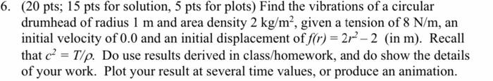 6 20 Pts 15 Pts For Solution 5 Pts For Plots Find The Vibrations Of A Circular Drumhead Of Radius 1 M And Area Dens 1