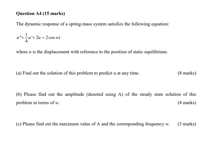 Question A4 15 Marks The Dynamic Response Of A Spring Mass System Satisfies The Following Equation U U 2u 2 Cos 1
