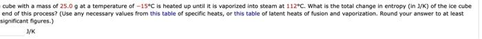 An Ice Cube With A Mass Of 25 0 G At A Temperature Of 15 C Is Heated Up Until It Is Vaporized Into Steam At 112 C What 1
