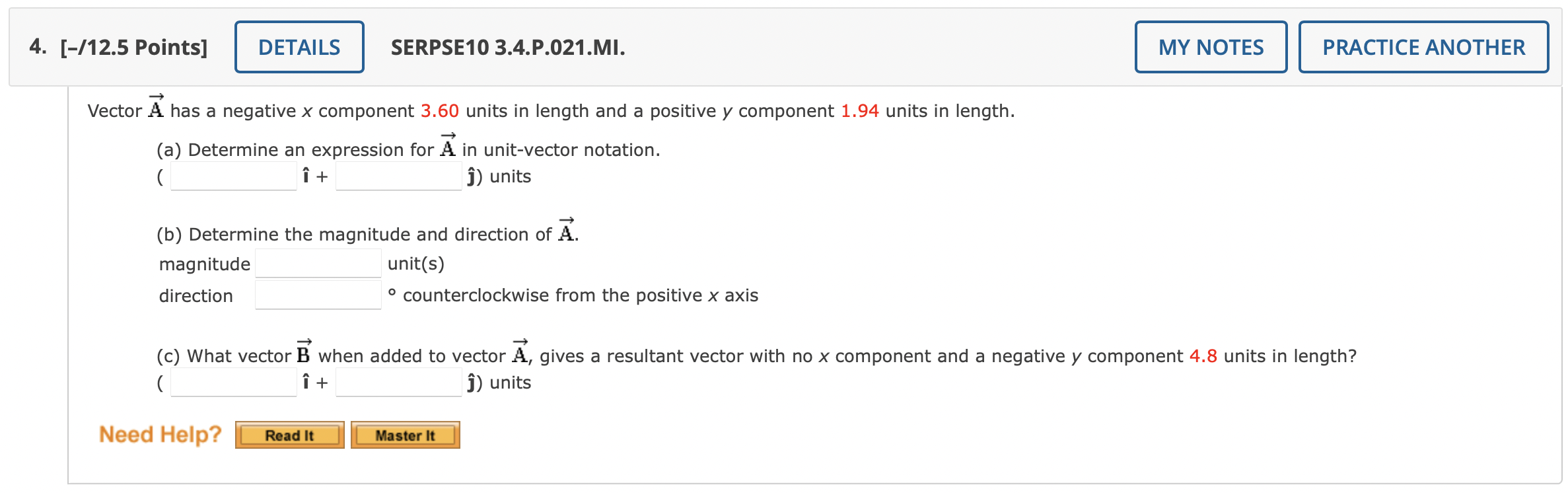 4 12 5 Points Details Serpse10 3 4 P 021 Mi My Notes Practice Another Vector A Has A Negative X Component 3 60 Uni 1
