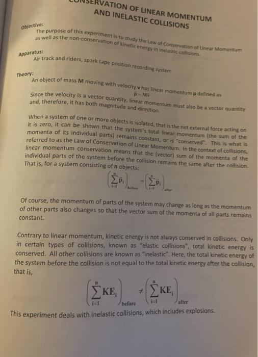 Vation Of Linear Momentum And Inelastic Collisions Objective The Purpose Of This Experiment Is To Study The Law Of Cons 1