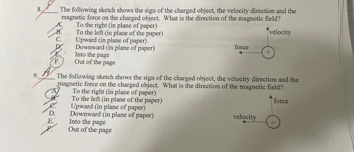 8 The Following Sketch Shows The Sign Of The Charged Object The Velocity Direction And The Magnetic Force On The Charg 1