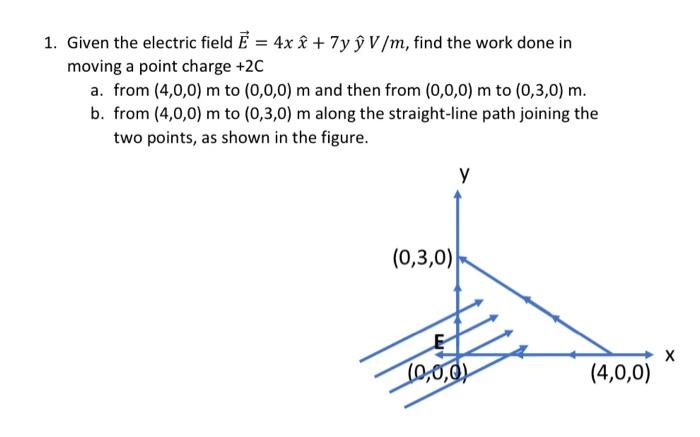 1 Given The Electric Field E 4x I 7yy V M Find The Work Done In Moving A Point Charge 20 A From 4 0 0 M To 1
